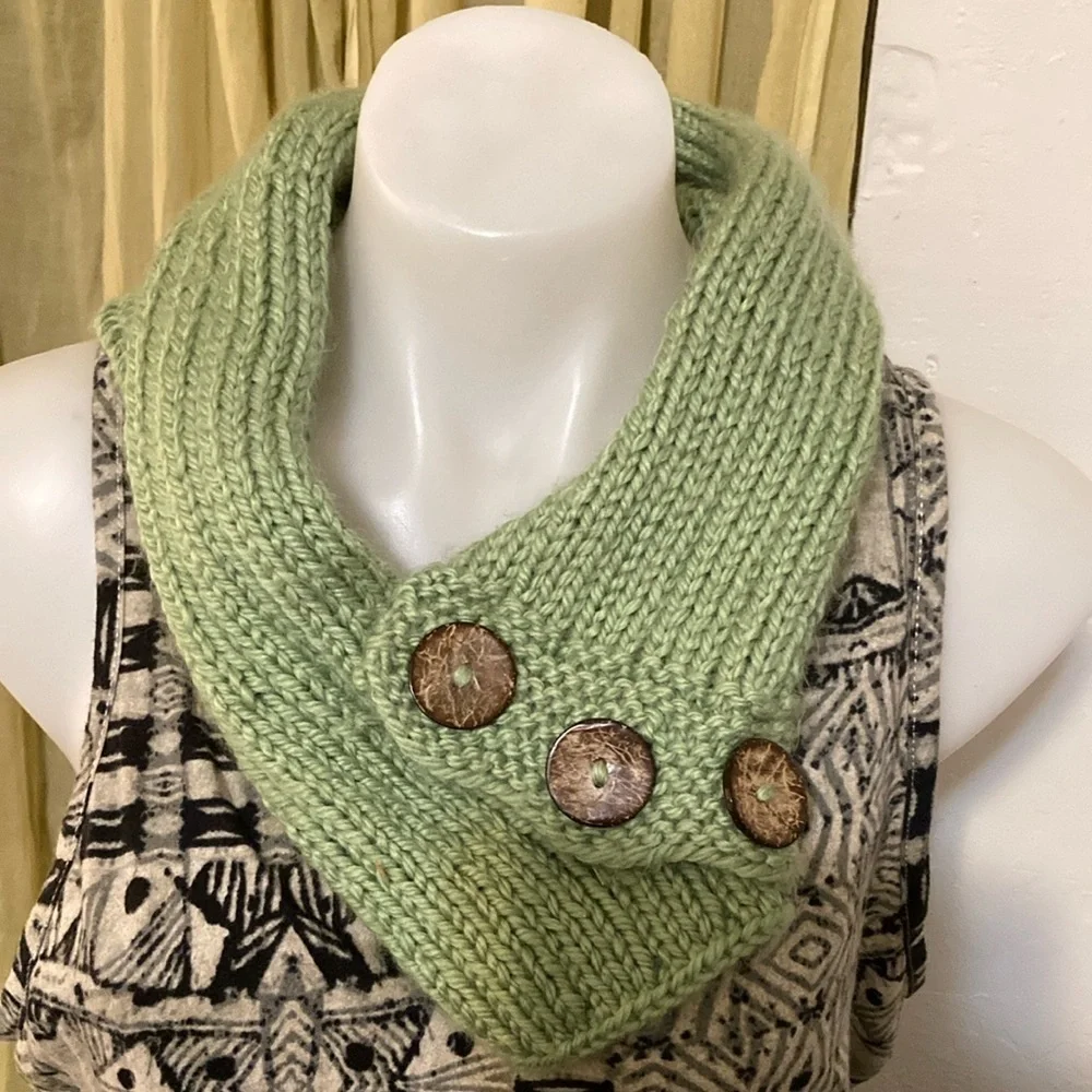Soft green scarf / head cover hand knit with big buttons